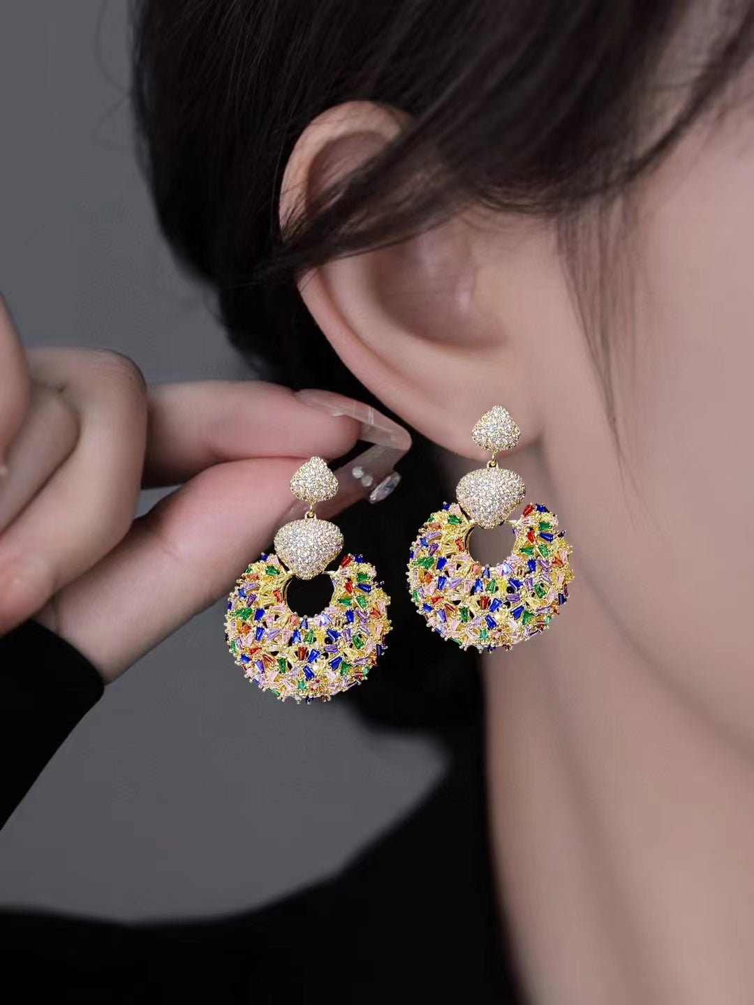 AAA5606 Zircon Crystal inlay circular earrings for festival party daily Mather's day Christmas day Valentine's Day Gift