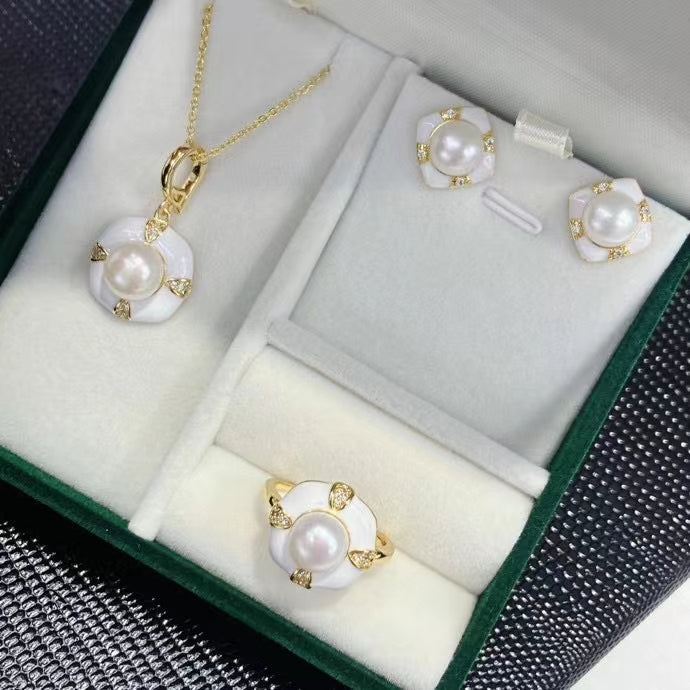 AAA1000 Freshwater pearl necklace earrings rings set for festival party daily with verification Mather's day Christmas day Valentine's Day Gift