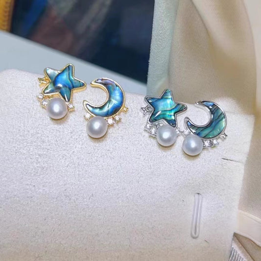 AAA2438 Freshwater Pearl Stars and Moon Zircon Earrings for festival party daily with verification Mather's day Christmas day Valentine's Day Gift